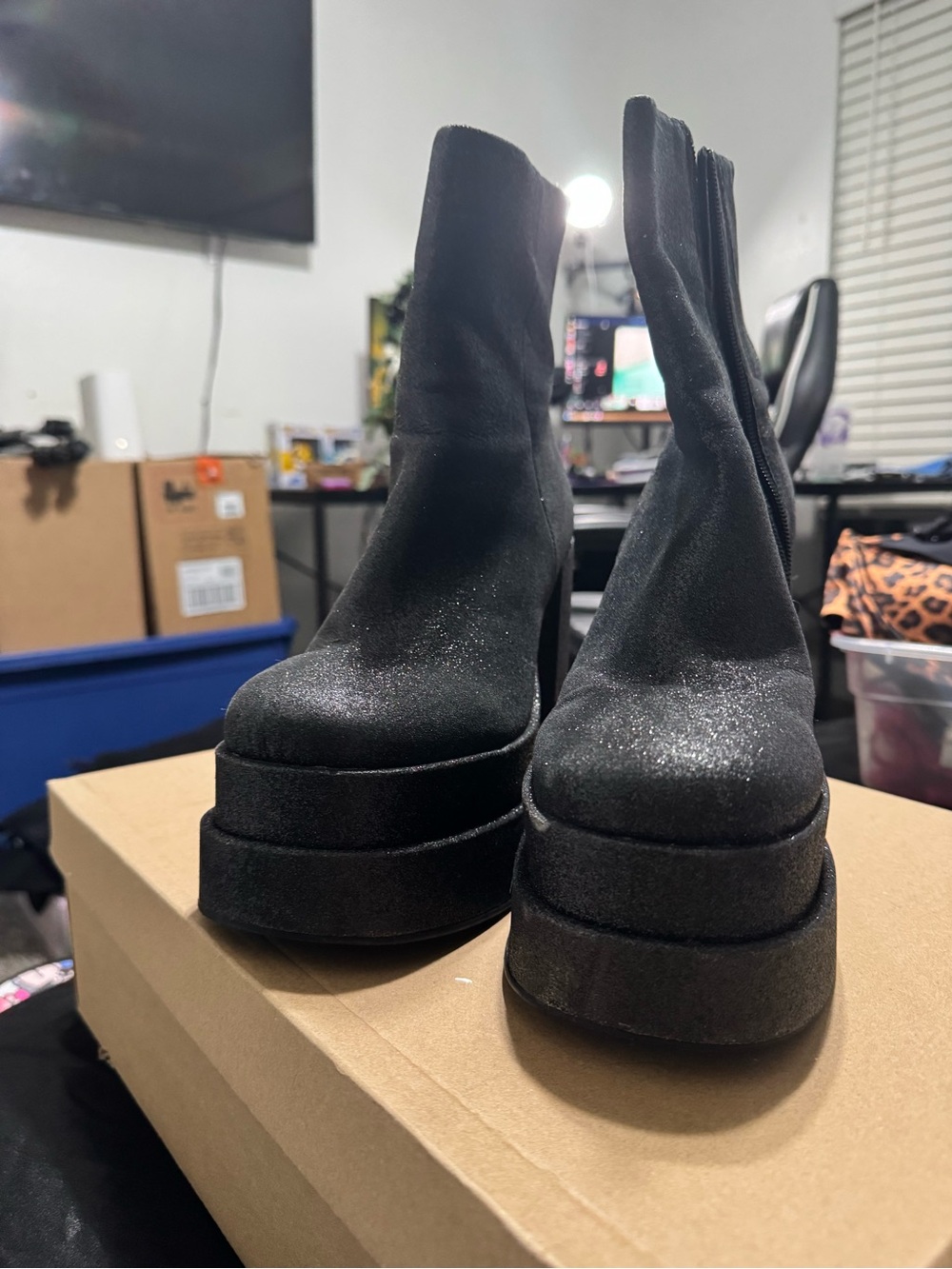 Steve Madden Black Glitter Platform Block Heel Boots - Picture 2 of 5